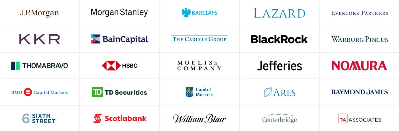Logos of leading investment banks and private equity firms that use Wall Street Prep to train their analyst and associate classes, including JPMorgan, Morgan Stanley, KKR, Carlyle, Blackstone, Bain Capital, Evercore, Lazard, and BlackRock.